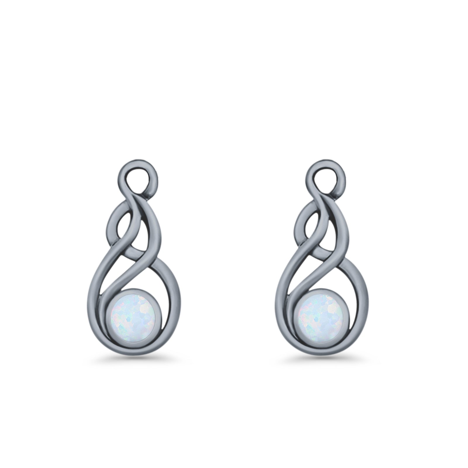 Round 21.5mm Twisted Loop Drop Fishhook Earring Oxidized Lab Created Opal 925 Sterling Silver
