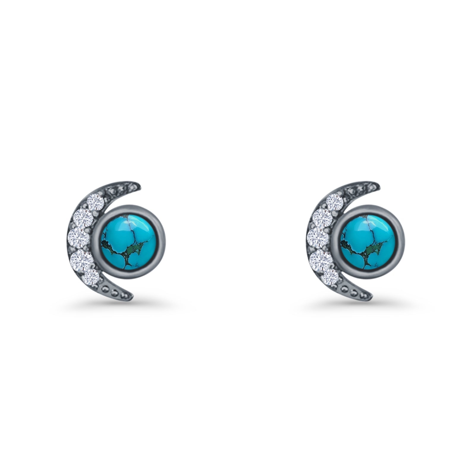 Minimalist 10.4mm Crescent Moon Stud Earrings Turquoise & Cubic Zirconia 925 Sterling Silver