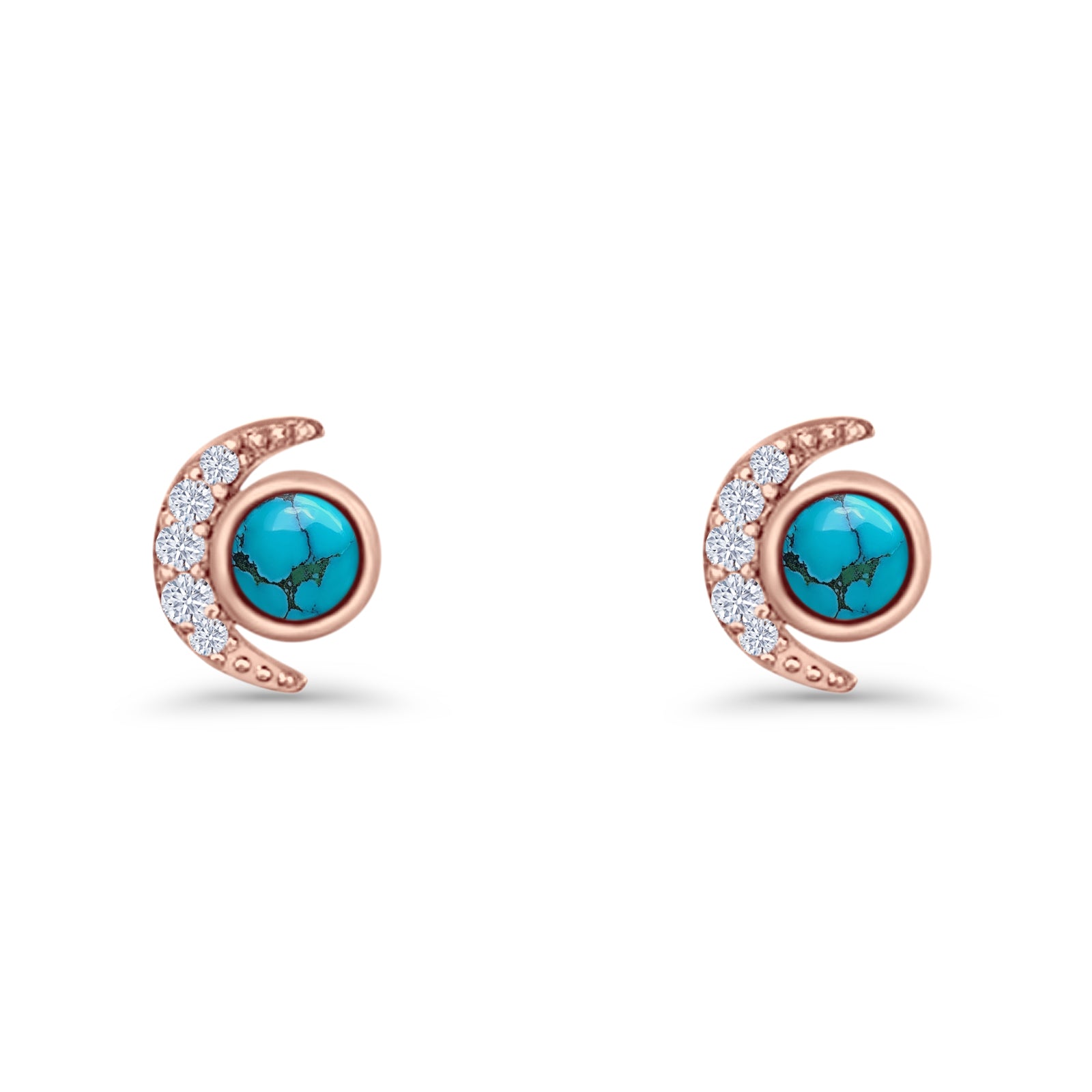 Minimalist 10.4mm Crescent Moon Stud Earrings Turquoise & Cubic Zirconia 925 Sterling Silver
