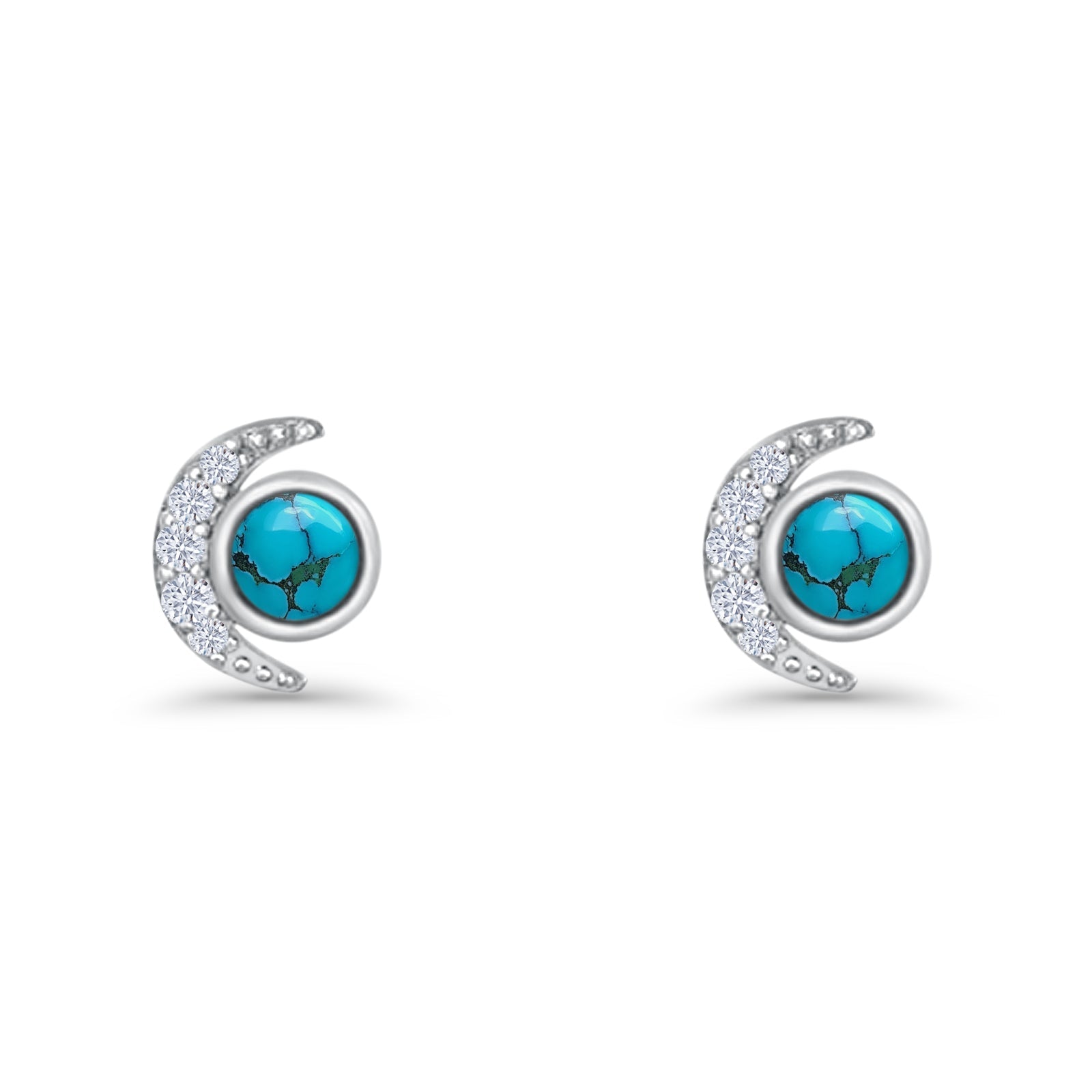 Minimalist 10.4mm Crescent Moon Stud Earrings Turquoise & Cubic Zirconia 925 Sterling Silver
