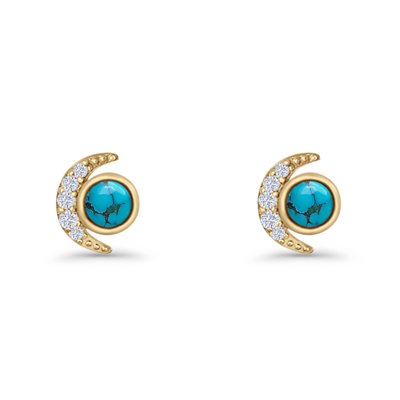 Minimalist 10.4mm Crescent Moon Stud Earrings Turquoise & Cubic Zirconia 925 Sterling Silver