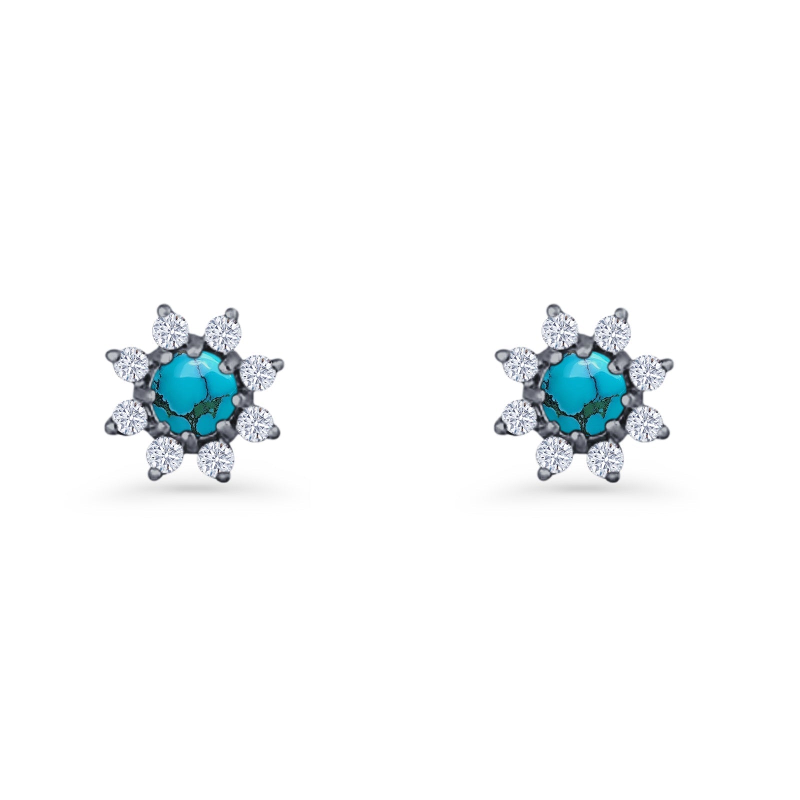 Minimalist 8.2mm Floral Stud Earrings Turquoise & Cubic Zirconia 925 Sterling Silver