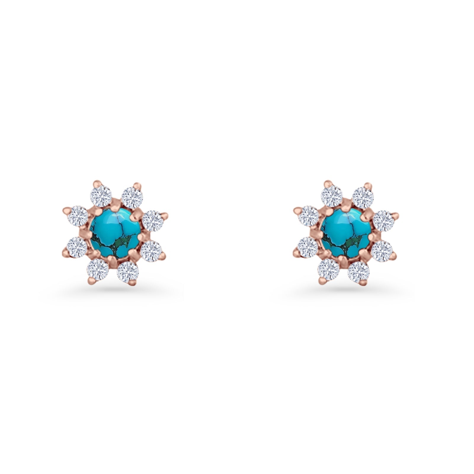 Minimalist 8.2mm Floral Stud Earrings Turquoise & Cubic Zirconia 925 Sterling Silver