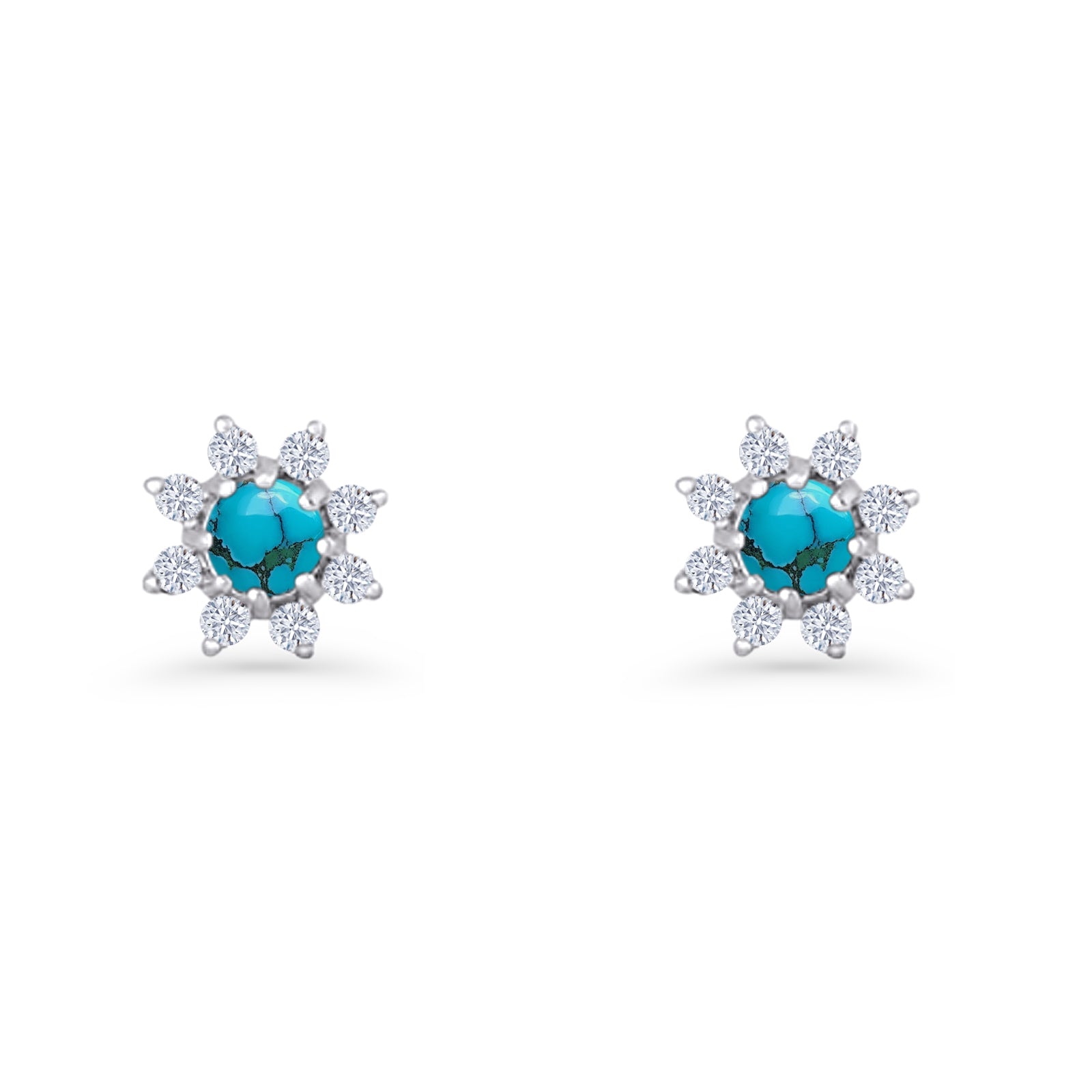 Minimalist 8.2mm Floral Stud Earrings Turquoise & Cubic Zirconia 925 Sterling Silver