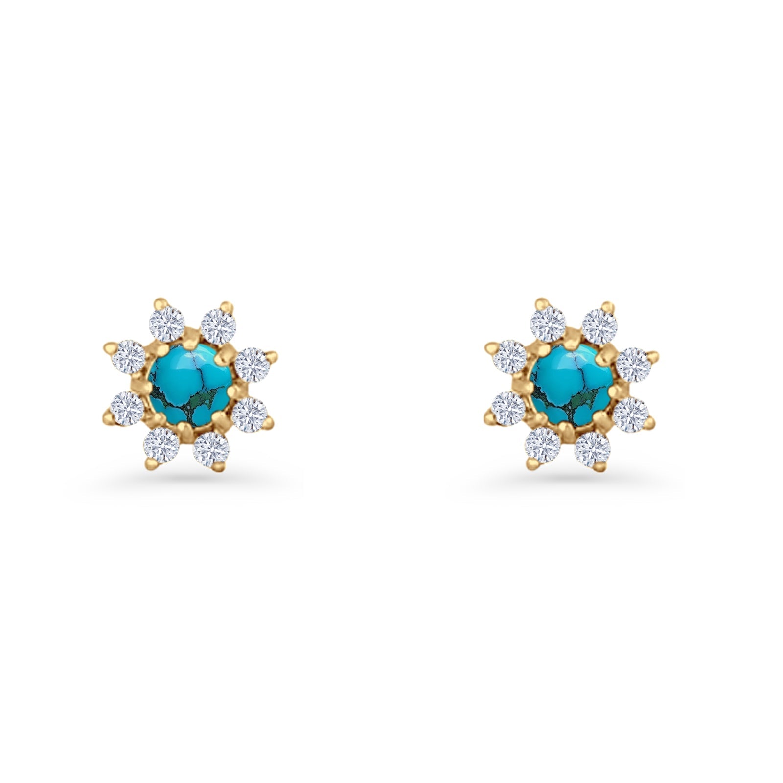 Minimalist 8.2mm Floral Stud Earrings Turquoise & Cubic Zirconia 925 Sterling Silver