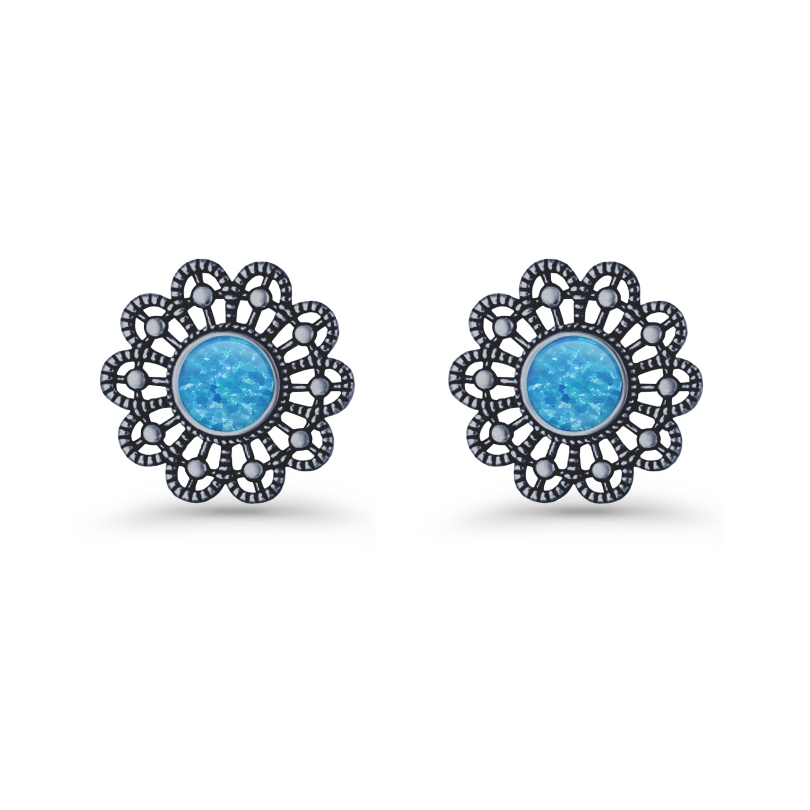 Flower Beaded 15.6mm Created Opal Stud Earring 925 Sterling Silver