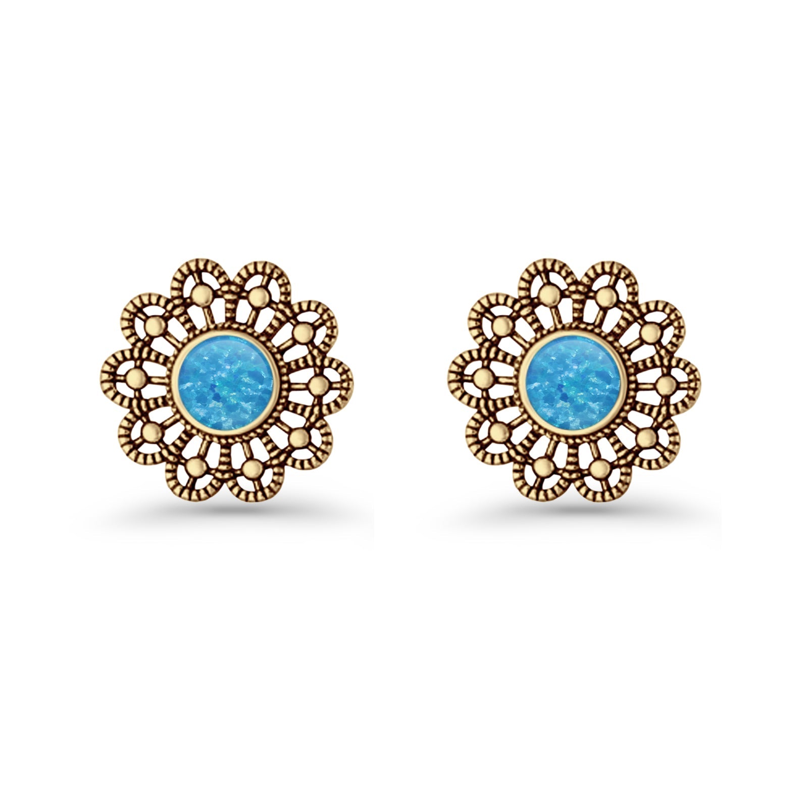Flower Beaded 15.6mm Created Opal Stud Earring 925 Sterling Silver