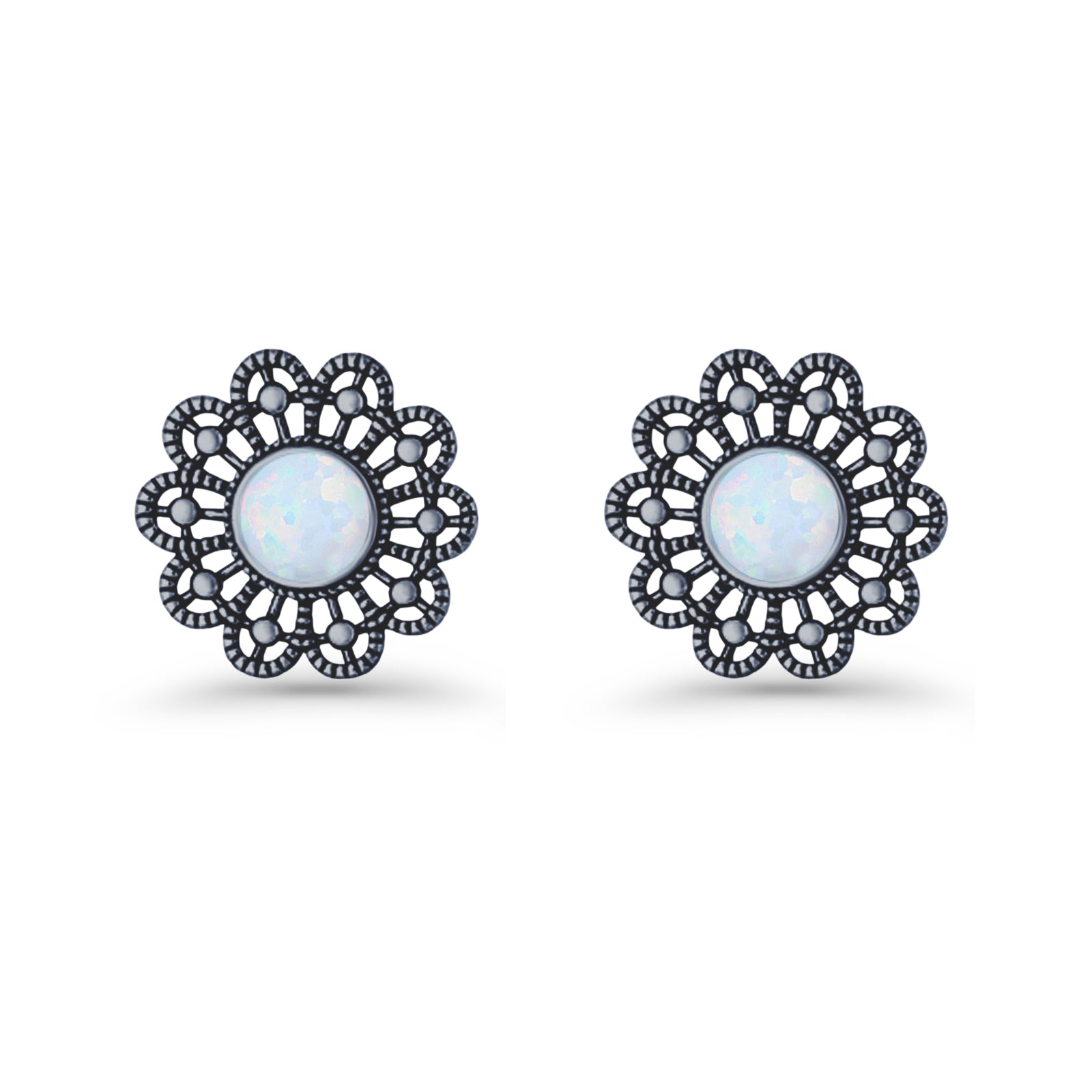 Flower Beaded 15.6mm Created Opal Stud Earring 925 Sterling Silver