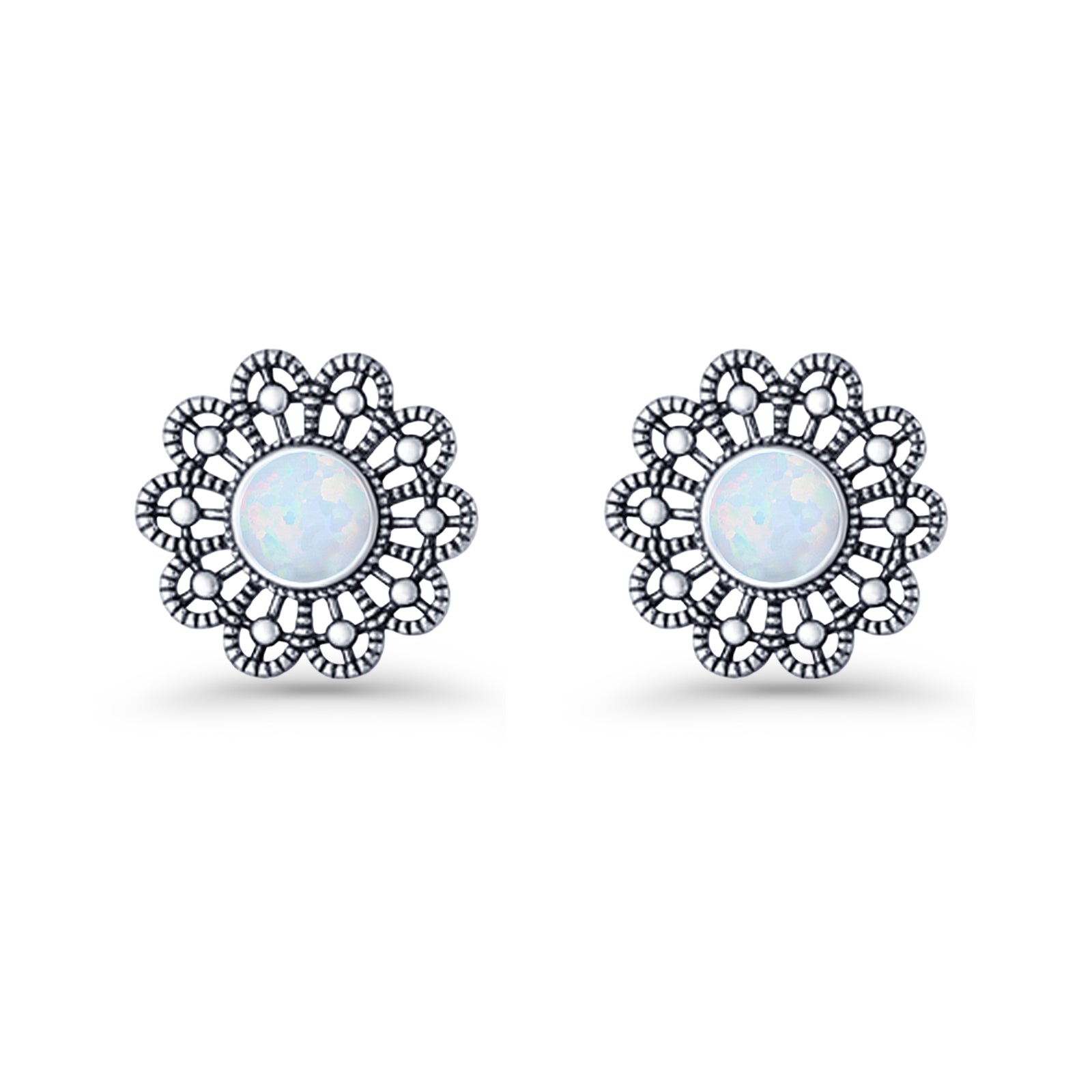 Flower Beaded 15.6mm Created Opal Stud Earring 925 Sterling Silver