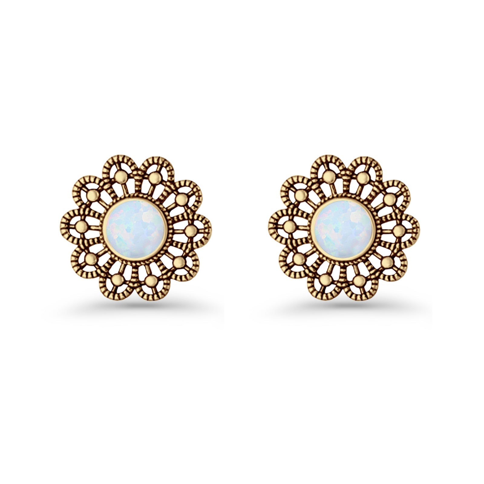 Flower Beaded 15.6mm Created Opal Stud Earring 925 Sterling Silver