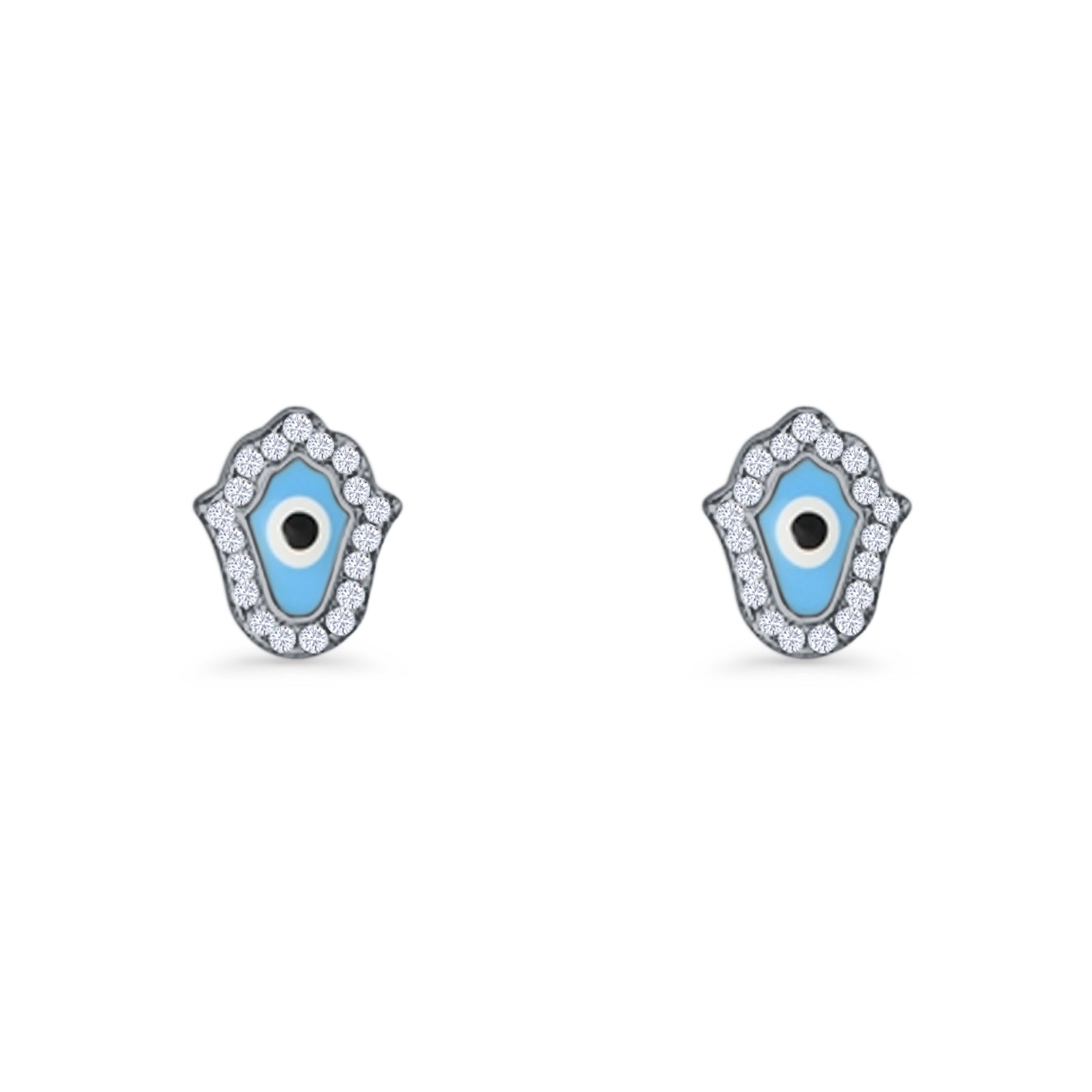 Hamsa Hand Evil Eye Stud Earrings Cubic Zirconia 925 Sterling Silver