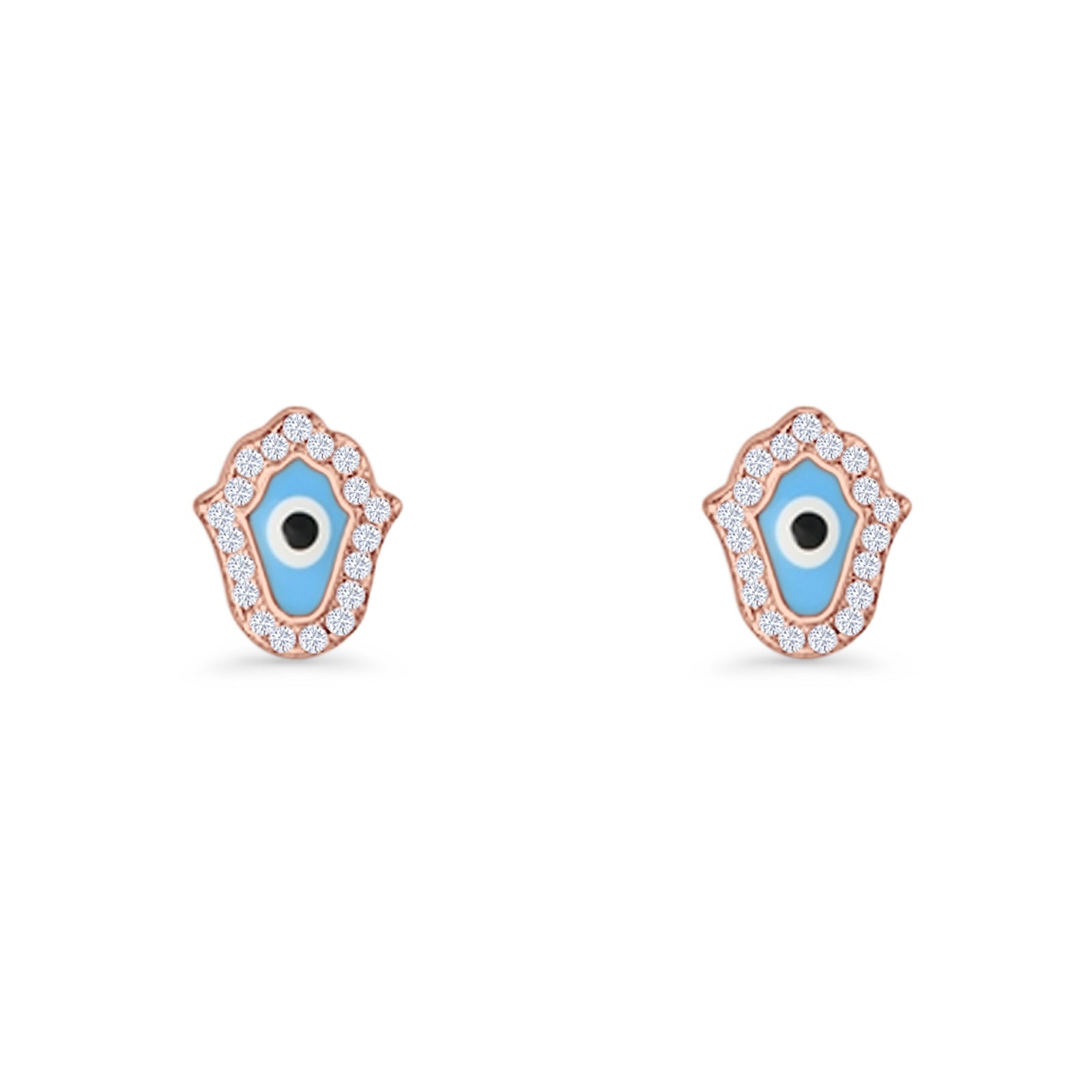 Hamsa Hand Evil Eye Stud Earrings Cubic Zirconia 925 Sterling Silver
