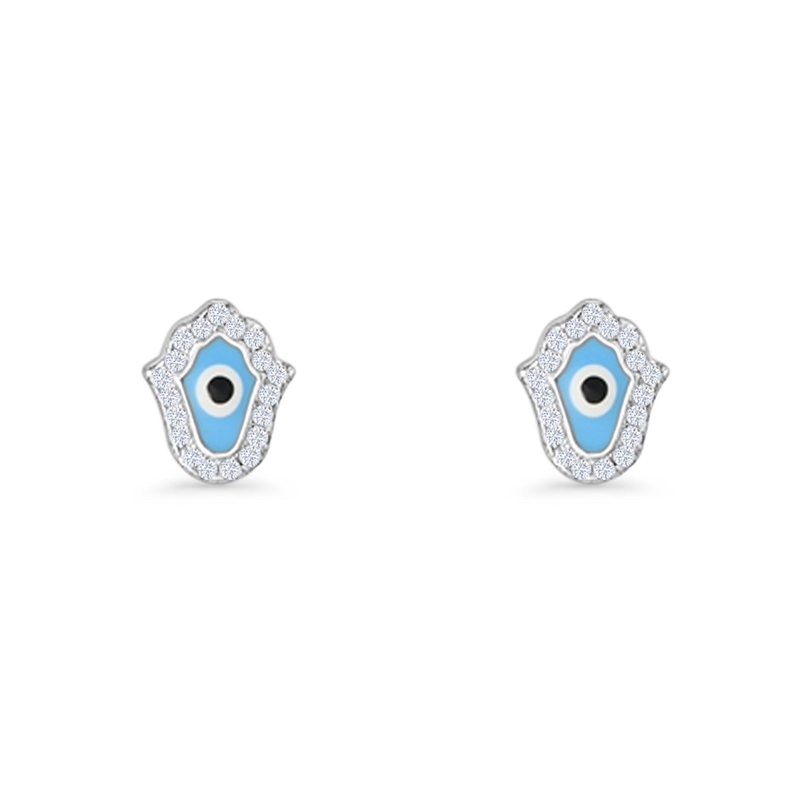Hamsa Hand Evil Eye Stud Earrings Cubic Zirconia 925 Sterling Silver