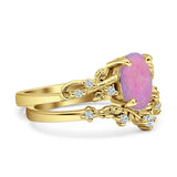 Two Piece Oval Lab Created Pink Opal Leaf Style Chevron Rings 925 Sterling Silver