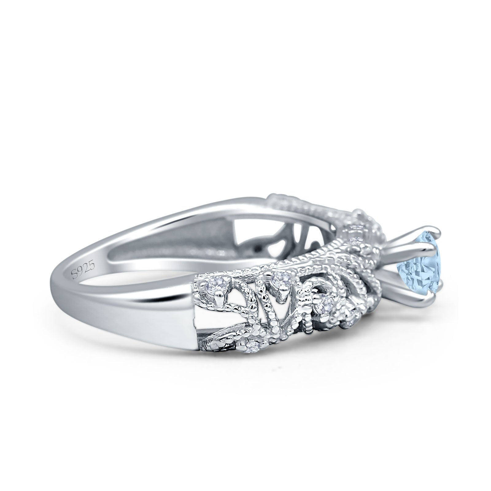 Art Deco 6.2mm Round Aquamarine CZ Beaded Filigree Ring 925 Sterling Silver