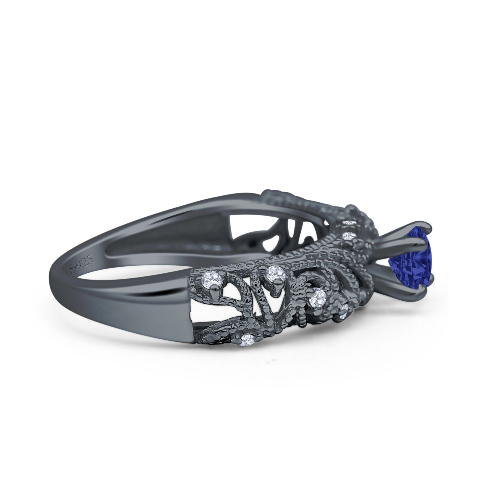 Art Deco 6.2mm Round Blue Sapphire CZ Beaded Filigree Ring 925 Sterling Silver