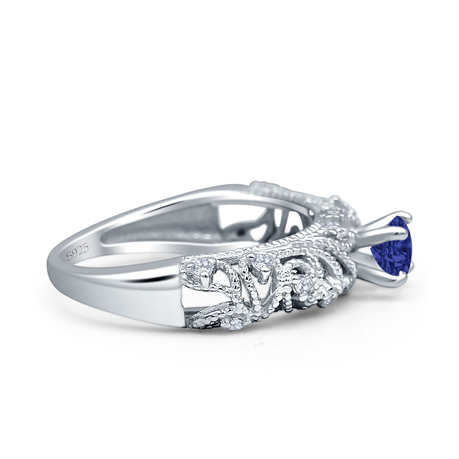 Art Deco 6.2mm Round Blue Sapphire CZ Beaded Filigree Ring 925 Sterling Silver