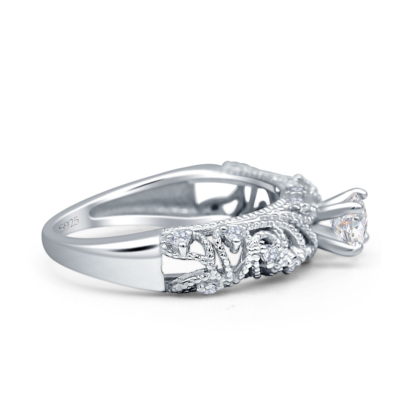 Art Deco 6.2mm Round Cubic Zirconia Beaded Filigree Ring 925 Sterling Silver