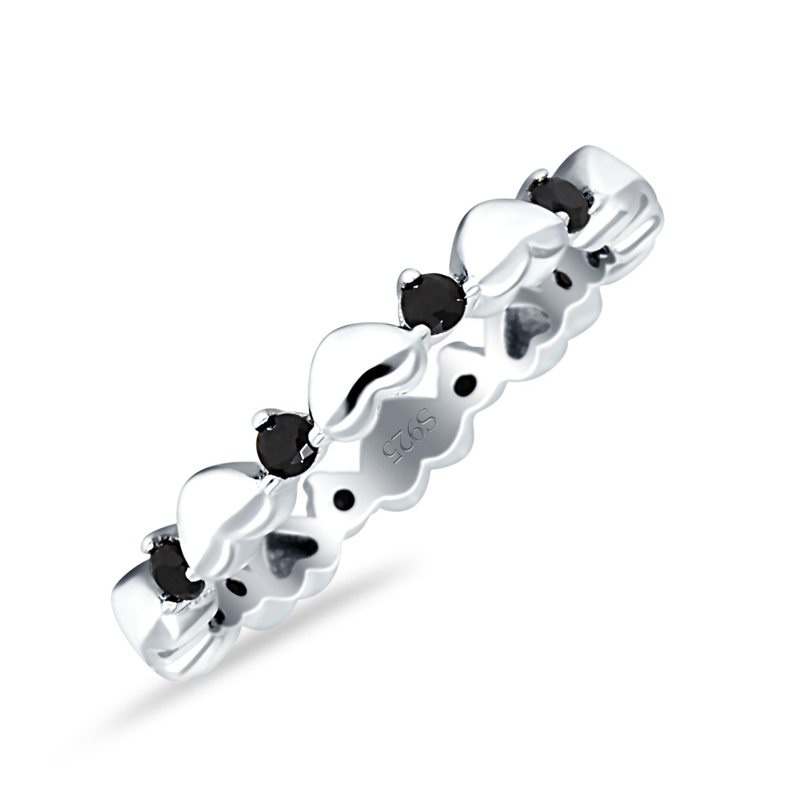 Round Black CZ 3mm Love Heart Ring 925 Sterling Silver
