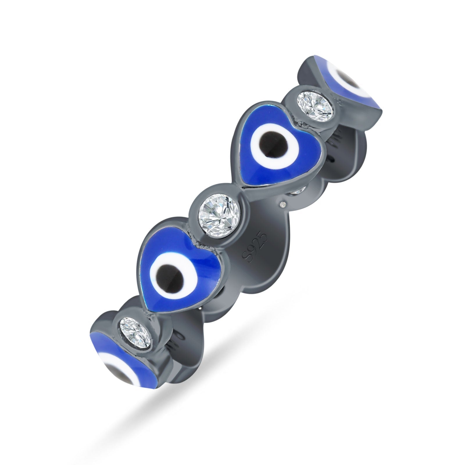Heart 5mm Evil Eye Ring Cubic Zirconia Stackable Band 925 Sterling Silver