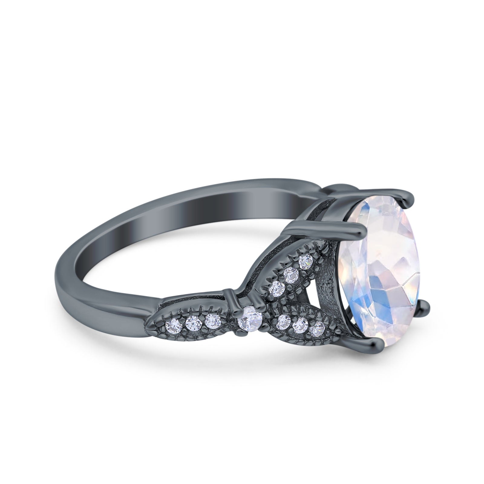 Oval Natural Stone Leaf Design Beaded Ring