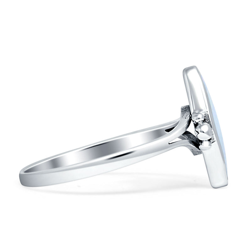 Art Deco Marquoise Oxidized Lab Created White Opal  Vintage Style Ring 925 Sterling Silver