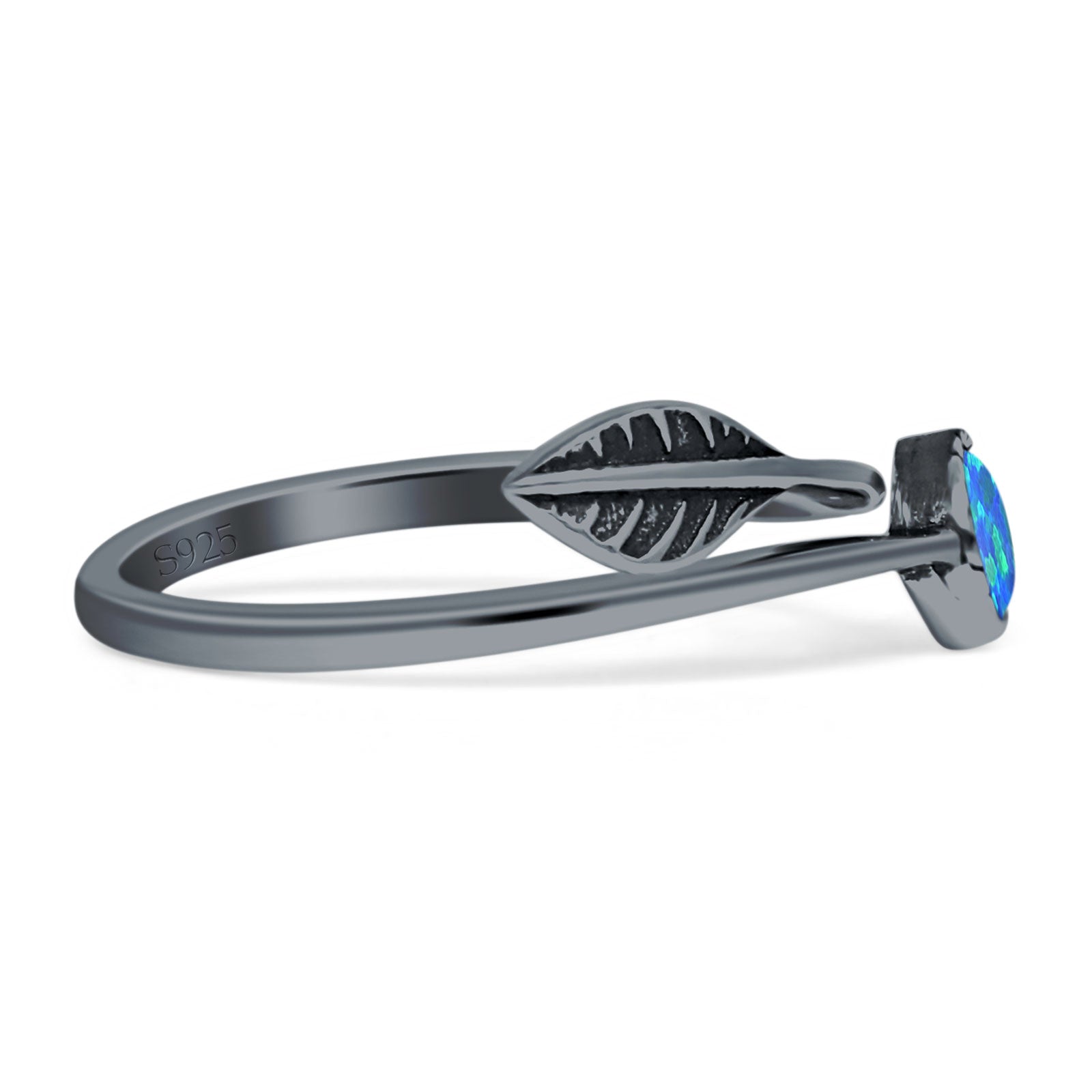 Round 10mm Lab Created Blue Opal Twisted Rope Feather Ring Oxidized 925 Sterling Silver