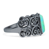 Art Deco 12mm Oval Turquoise Oxidized Filigree Ring 925 Sterling Silver