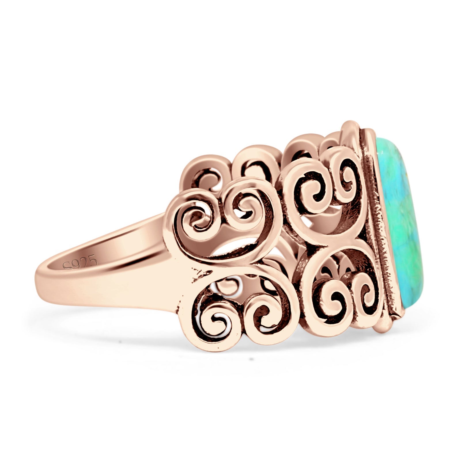 Art Deco 12mm Oval Turquoise Oxidized Filigree Ring 925 Sterling Silver