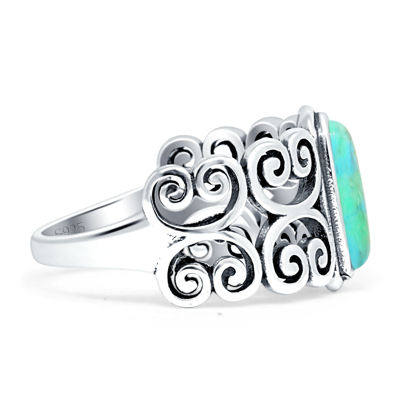 Art Deco 12mm Oval Turquoise Oxidized Filigree Ring 925 Sterling Silver