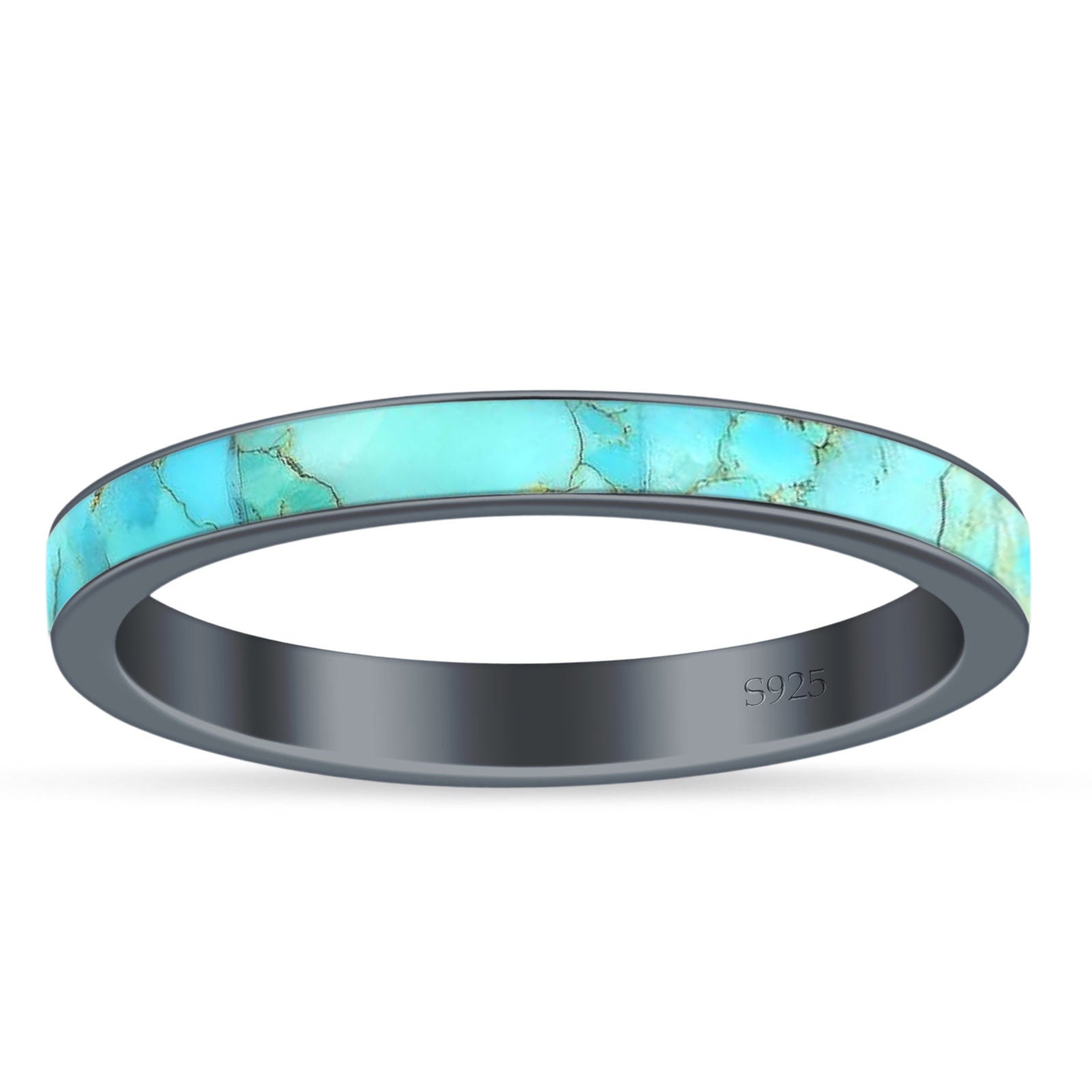 Full Eternity Stackable 3mm Wedding Band Turquoise 925 Sterling Silver