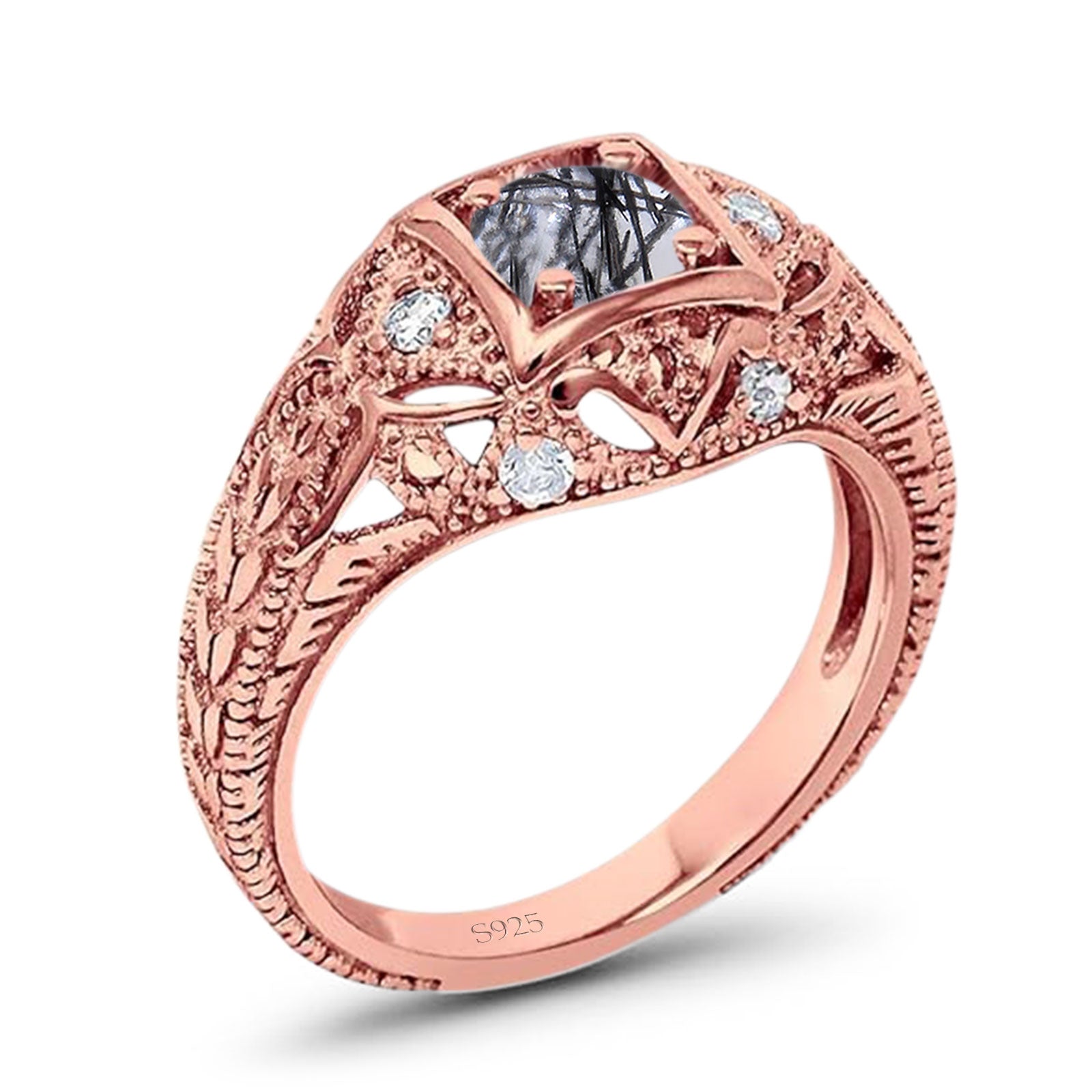 Art Deco Round Natural Stone Filigree Ring