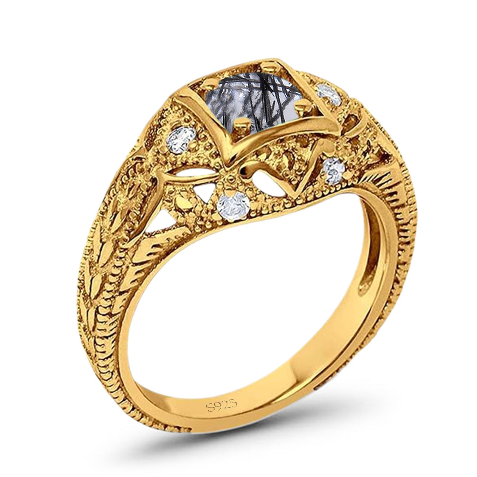 Art Deco Round Natural Stone Filigree Ring