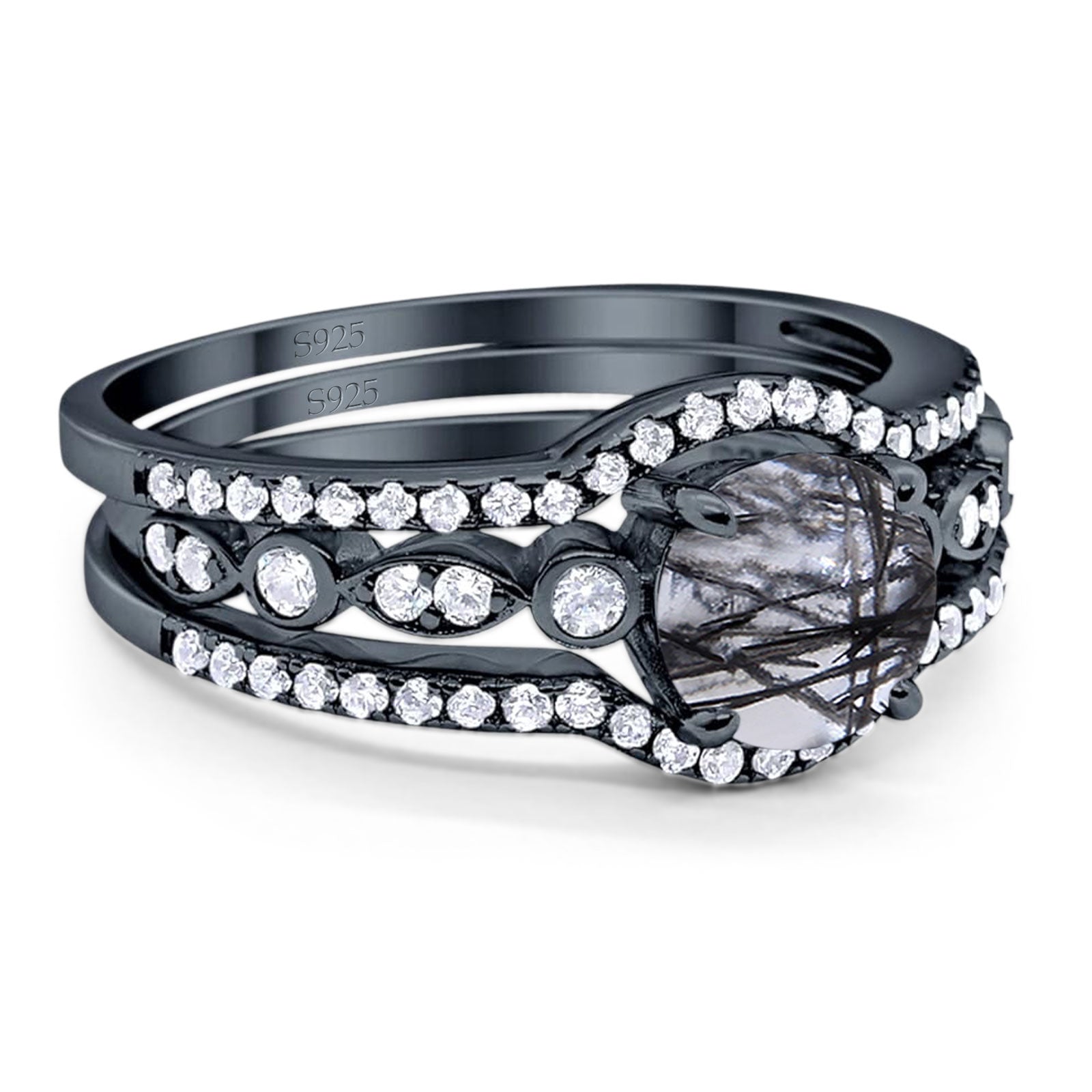 Three Piece Round Natural Stone Bridal Ring