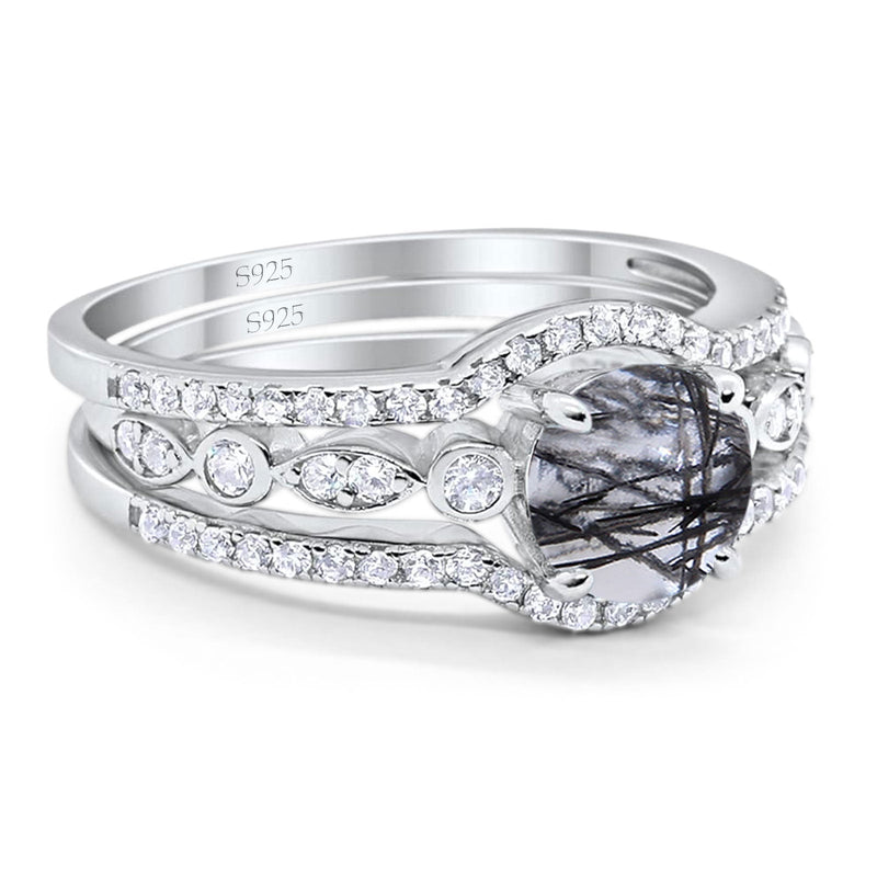 Three Piece Round Natural Stone Bridal Ring