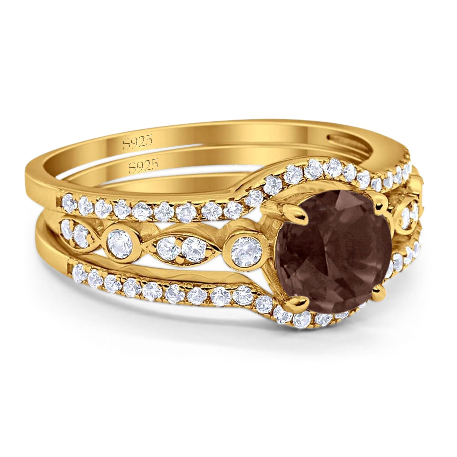 Three Piece Round Natural Stone Bridal Ring