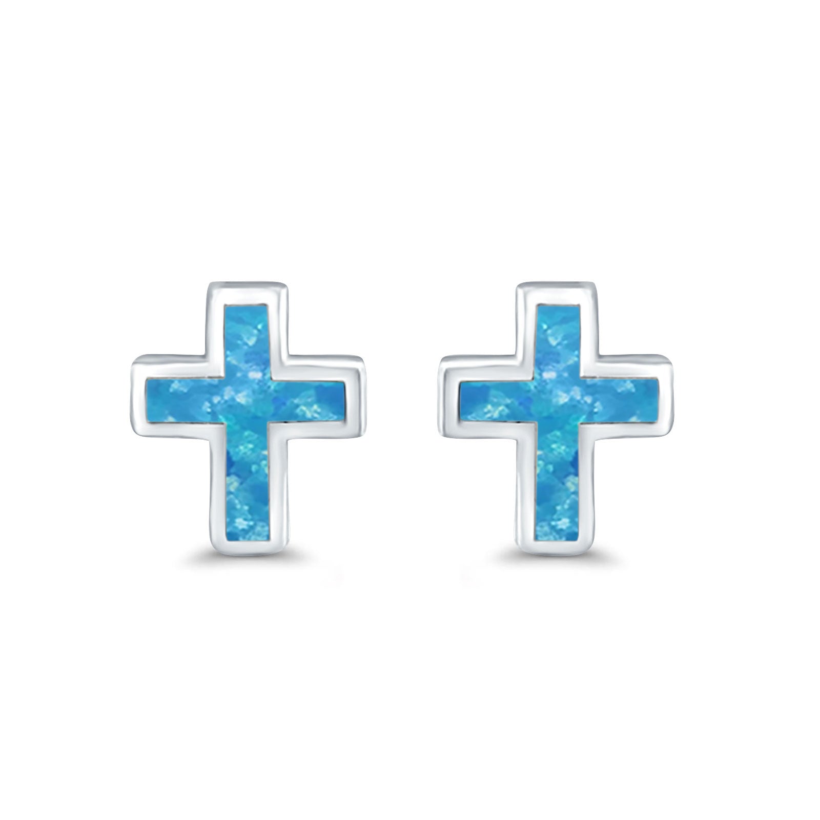 Cross Stud Earrings Lab Created Opal 925 Sterling Silver (14mm)