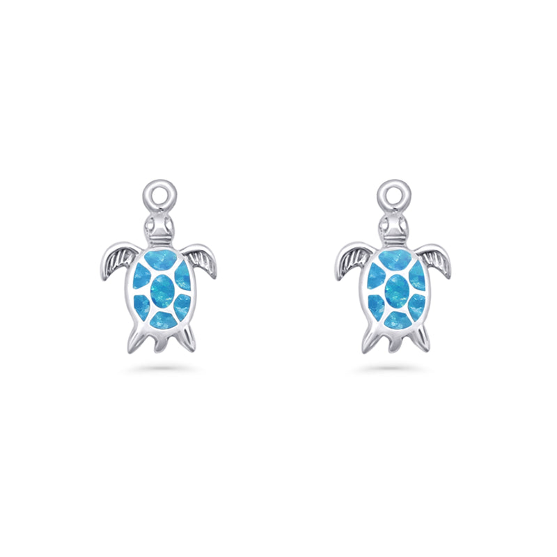 Art Deco 15.5mm Lab Created Blue Opal Dangle Turtle Fishhook Earring 925 Sterling Silver