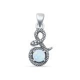 Round Lab Created White Opal Snake Pendant Oxidized 925 Sterling Silver