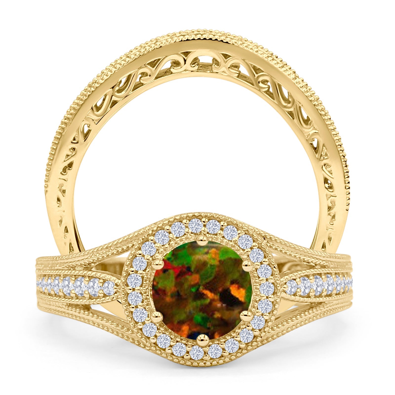 Two Piece Round Halo Split Shank Beaded Gold Ring