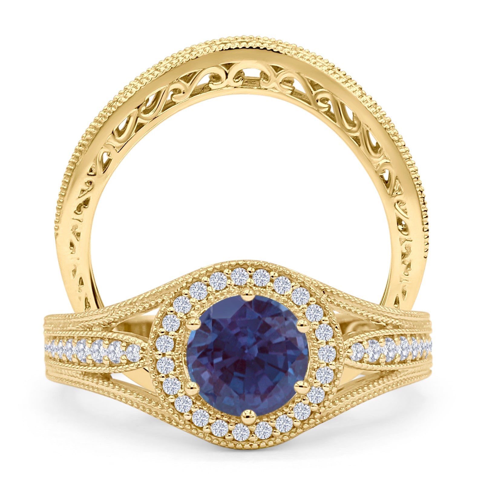 Two Piece Round Halo Split Shank Bridal Gold Ring