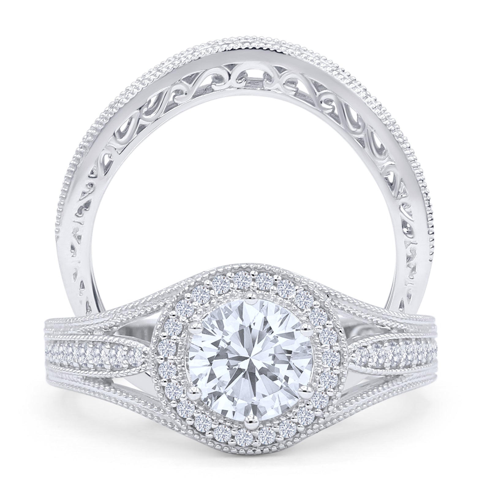 Two Piece Round Halo Split Shank Bridal Gold Ring