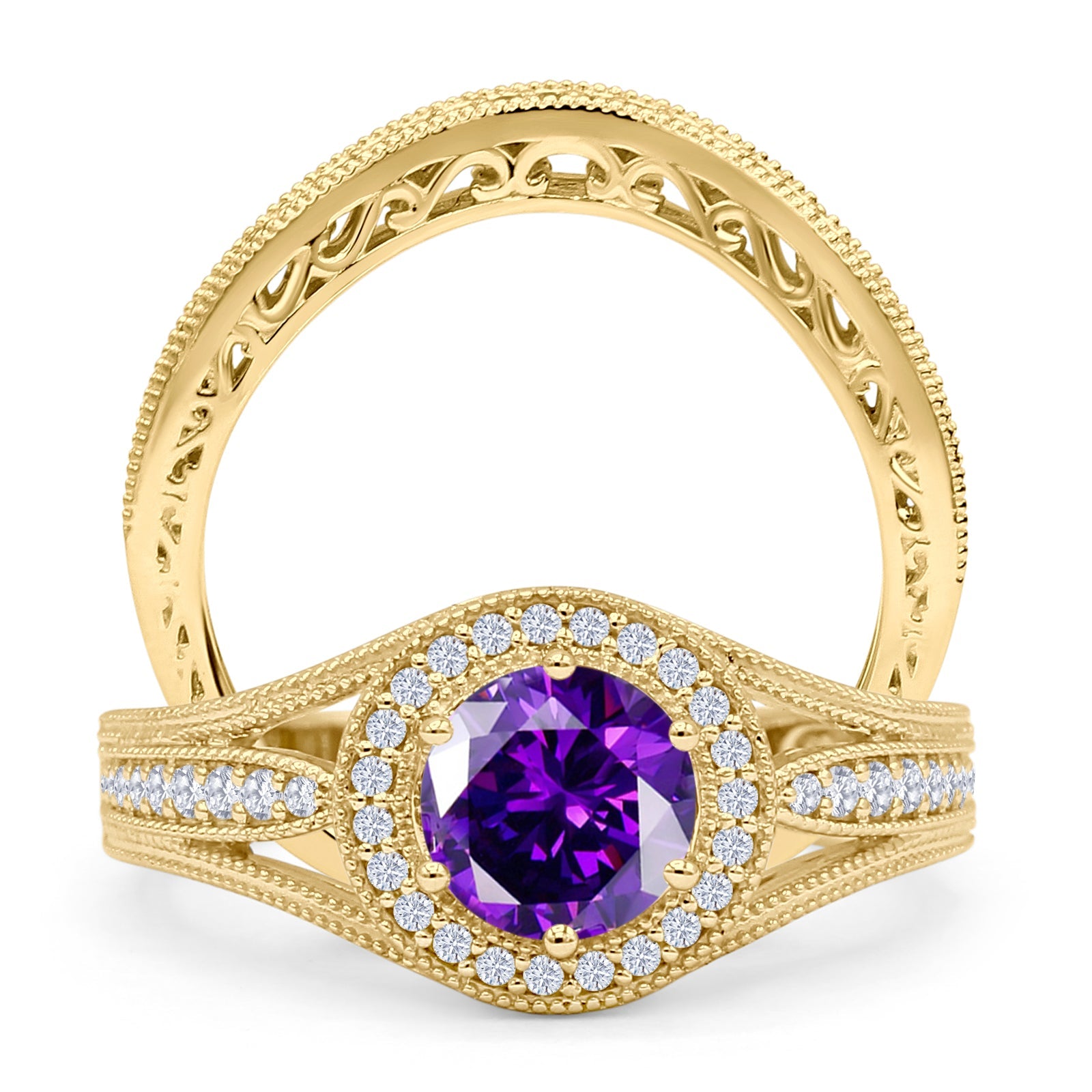 Two Piece Round Halo Split Shank Bridal Gold Ring
