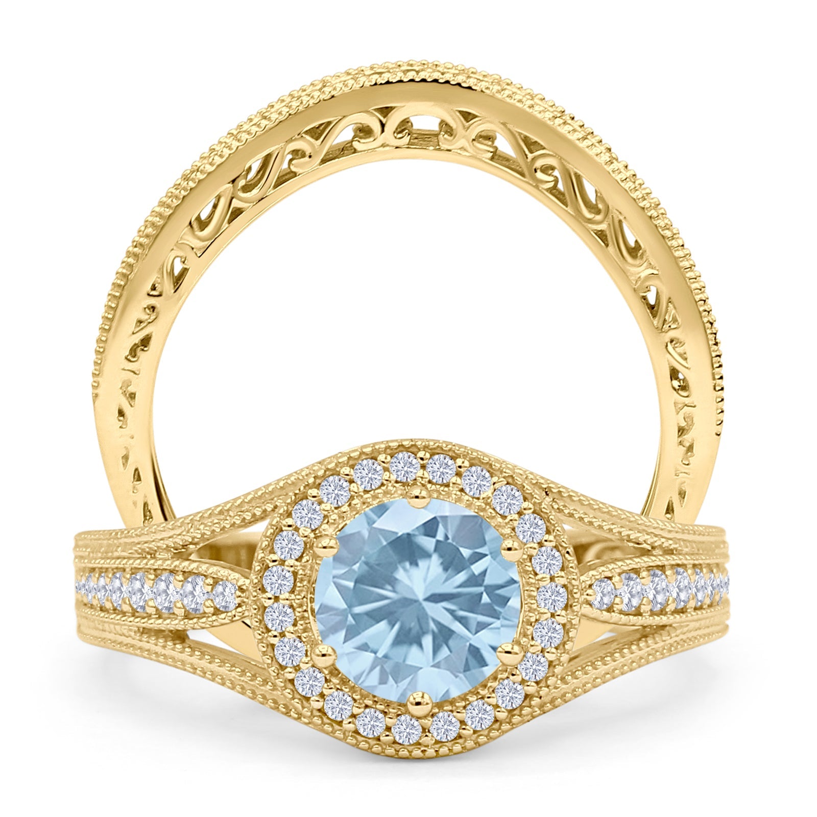 Two Piece Round Halo Split Shank Bridal Gold Ring