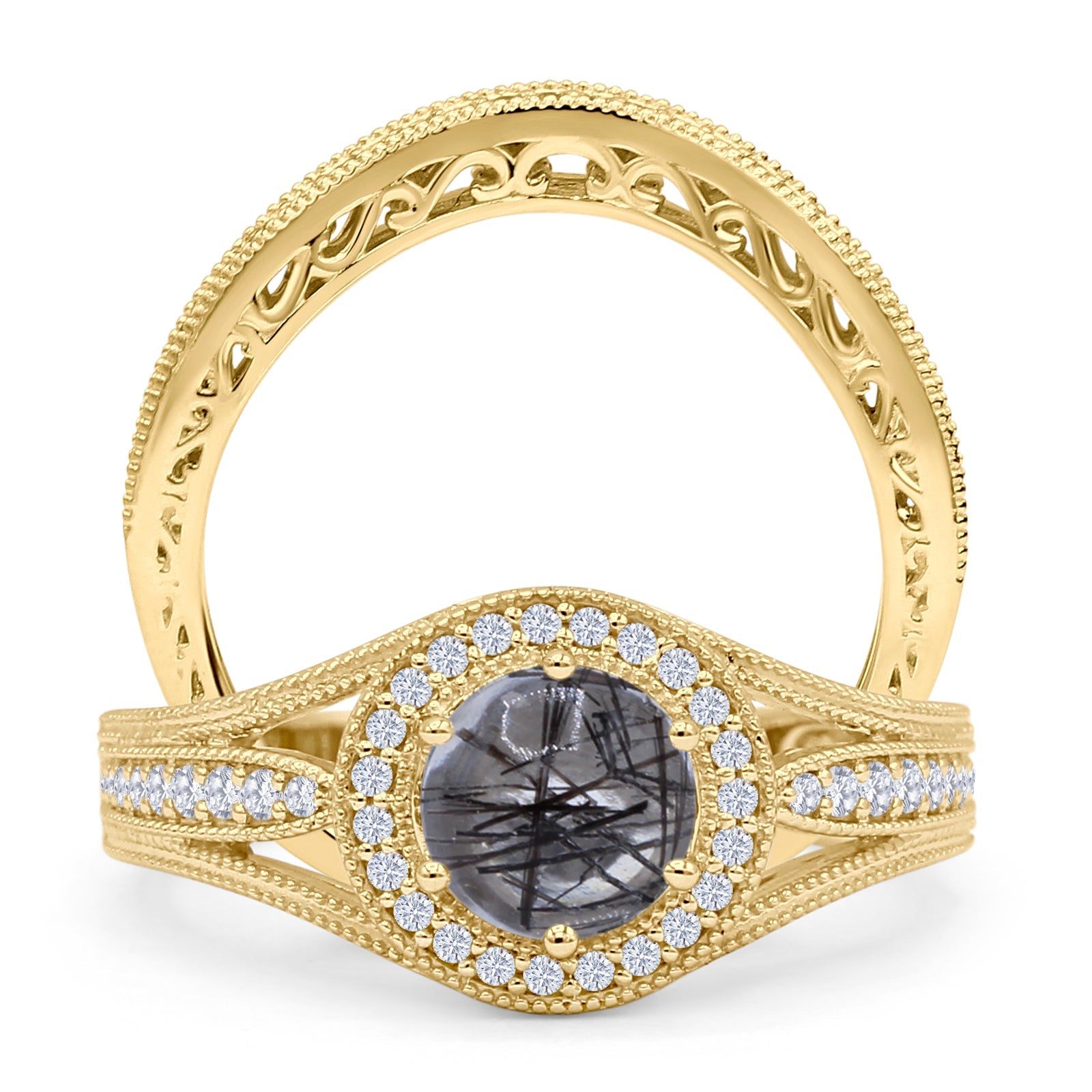 Two Piece Round Halo Split Shank Bridal Gold Ring