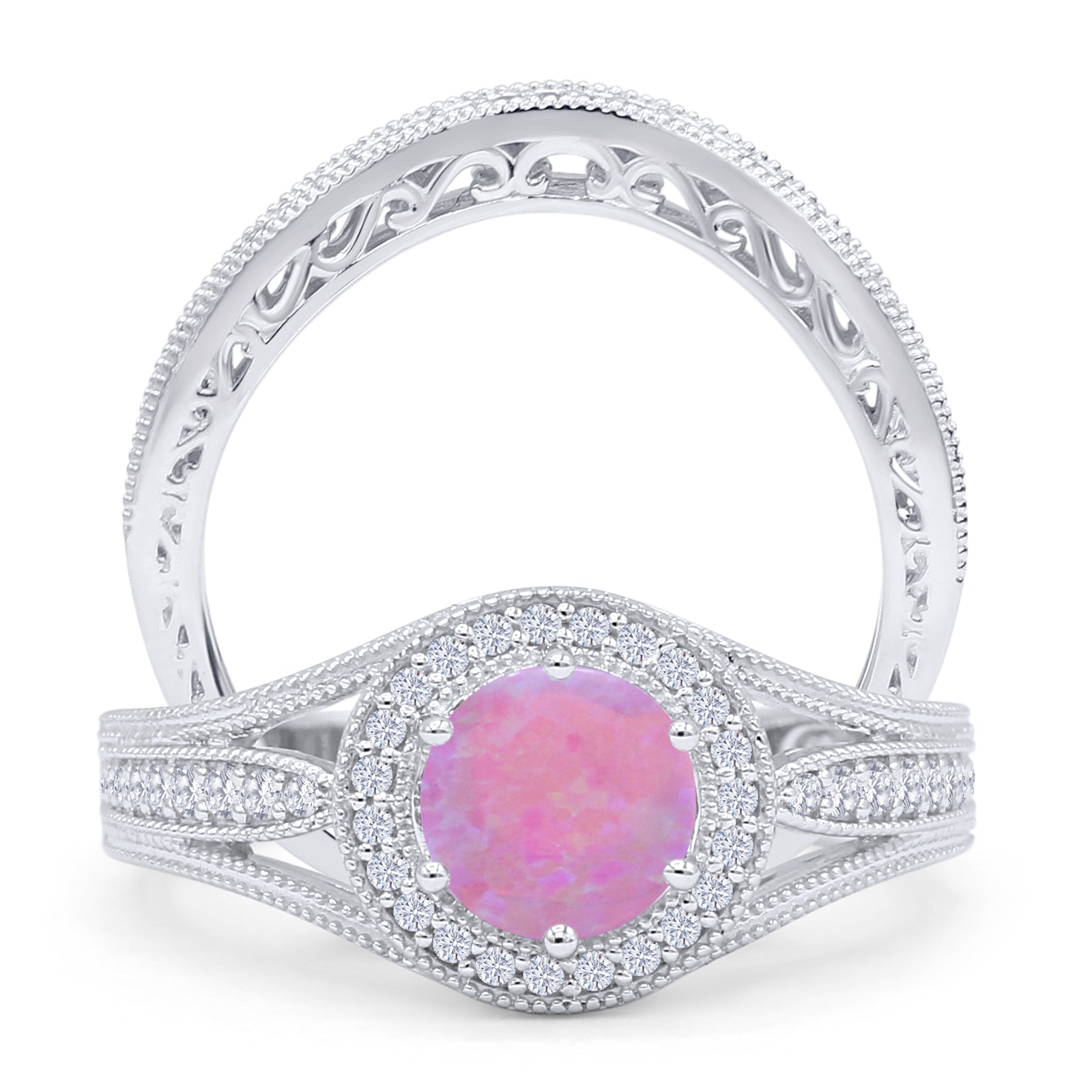 Two Piece Round Halo Split Shank Beaded Gold Ring