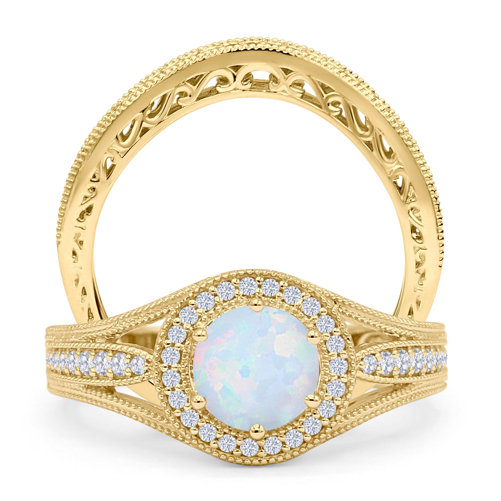 Two Piece Round Halo Split Shank Beaded Gold Ring