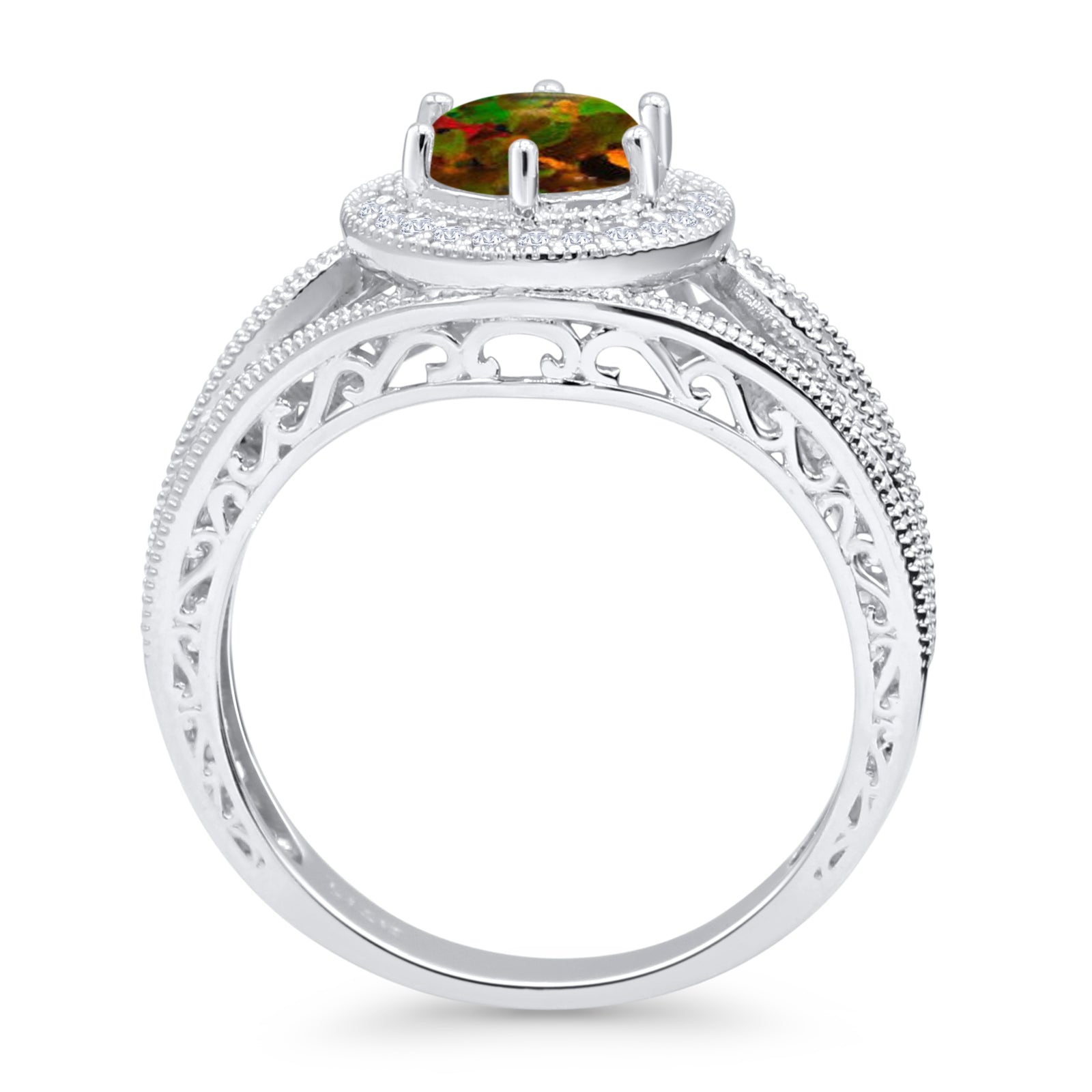Round Halo Split Shank Beaded Gold Ring