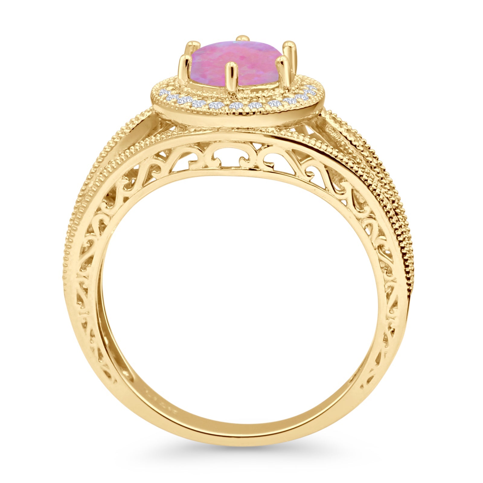 Round Halo Split Shank Beaded Gold Ring