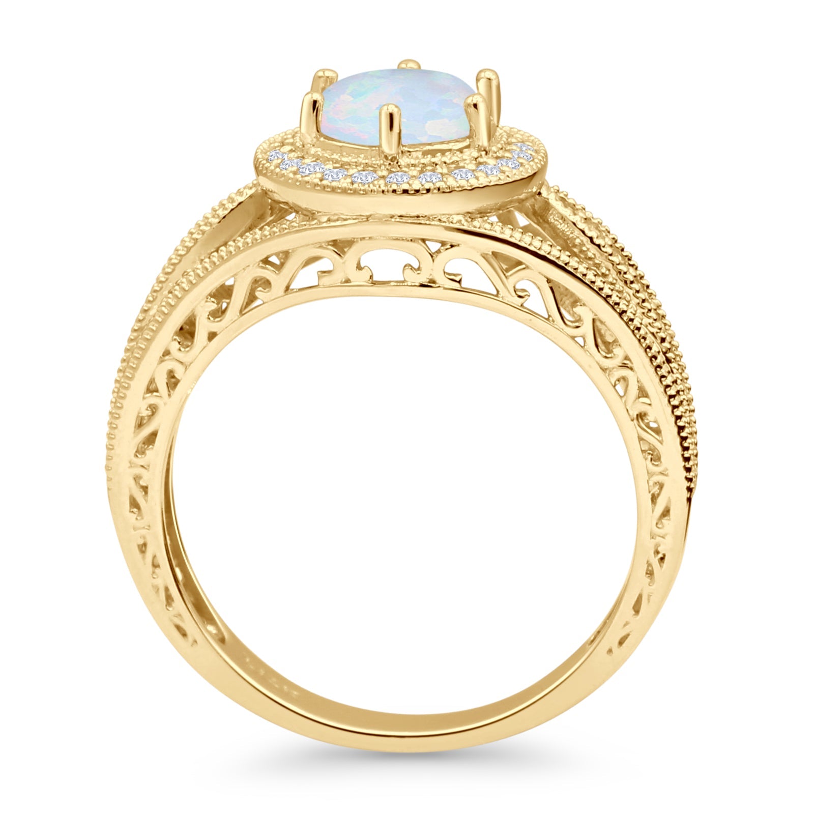 Round Halo Split Shank Beaded Gold Ring